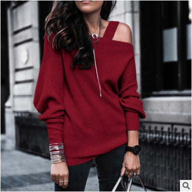 Long Sleeve Solid Color Rib Fabric Shoulder-baring Sweater Sweater-Blouses & Shirts-Zishirts