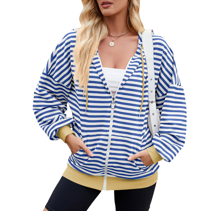 Striped Zipper Hooded Sweatshirt Fashion Loose Pockets Long-sleeved Jacket For Women Tops-Jackets-Zishirts