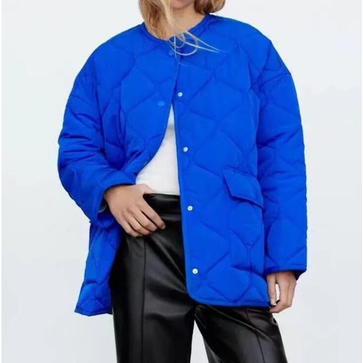 New Casual Loose Blue Round Neck Cotton Coat Women-Jackets-Zishirts