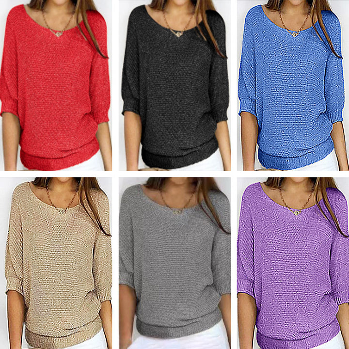 Solid Color Round Neck Sweater Women's-Sweaters-Zishirts
