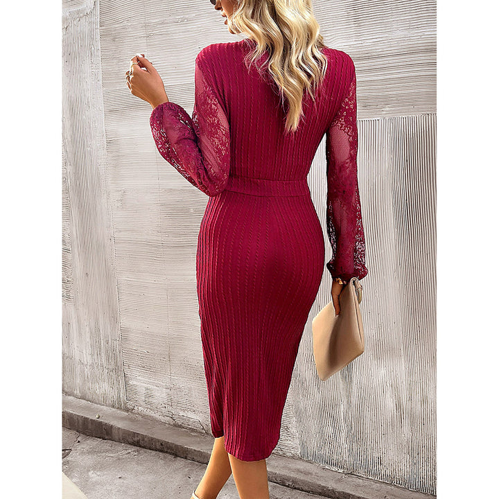 Women's Fashion V-neck Slit Lace And Knitted Long-sleeved Dress-Lady Dresses-Zishirts