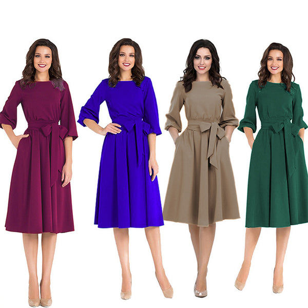 Women's Waist-tight 34 Sleeve Dress With Belt-Lady Dresses-Zishirts