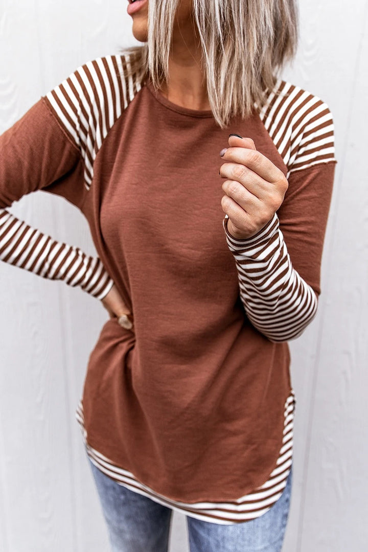 Round Neck Patchwork Stripes Loose Women's Long Sleeve-Women's Outerwear 2023-Zishirts