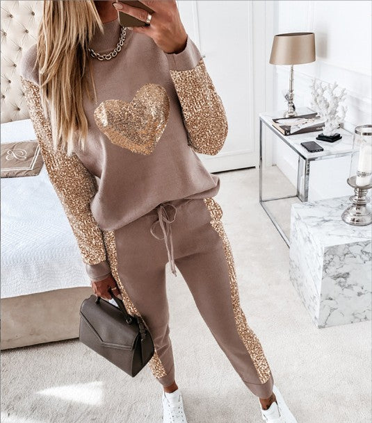 Women's Love Sequined Turtleneck Top And Trousers Casual Suit-Women's Outerwear 2023-Zishirts