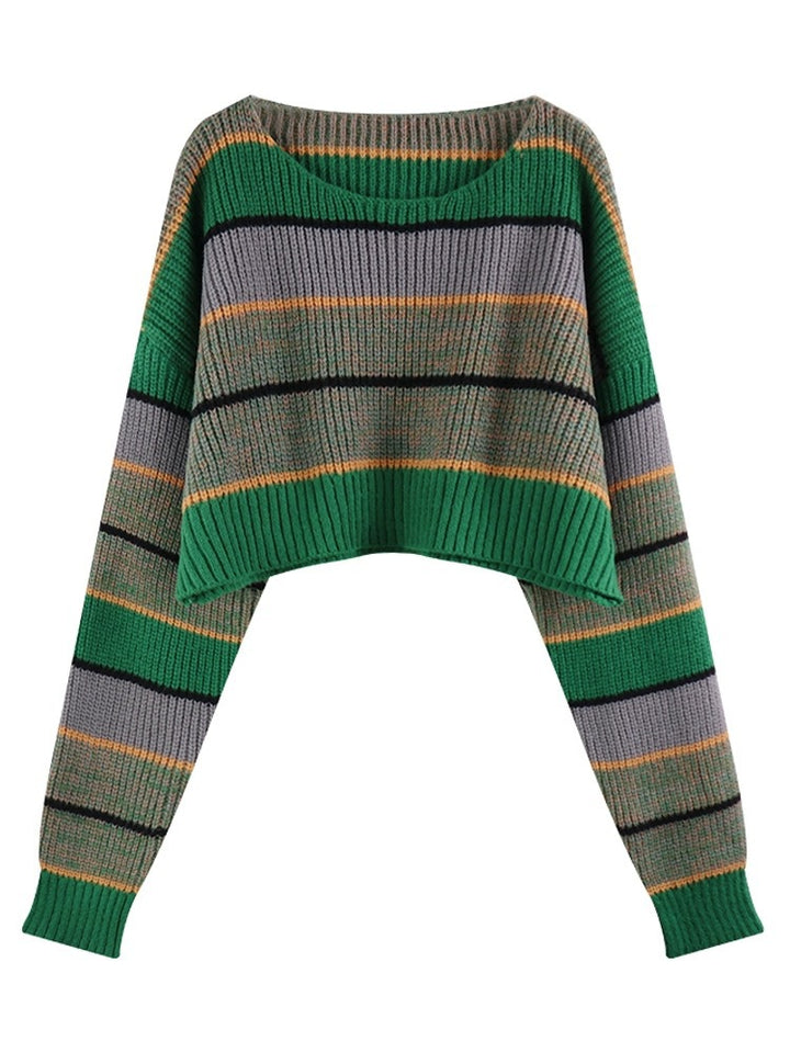 Short Colored Mosaic Striped Knitted Sweater-Sweaters-Zishirts