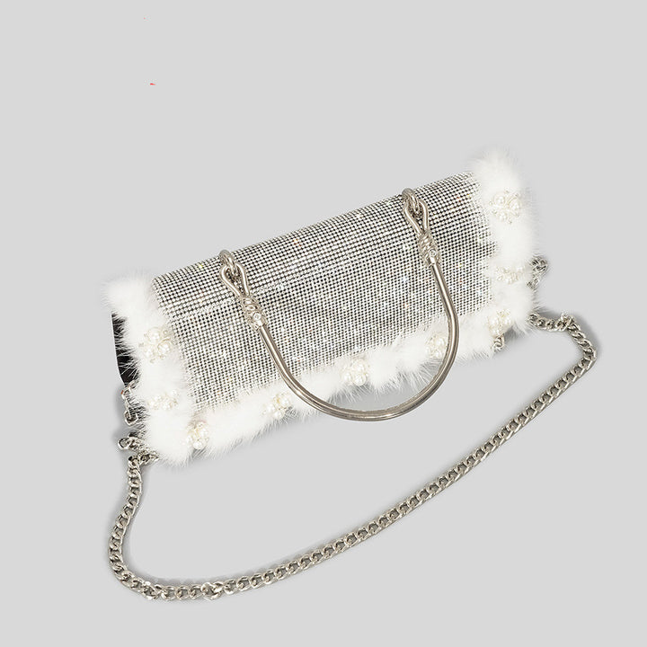 Ostrich Fur Pearl Rhinestone Bag Women's New-Women's Bags-Zishirts