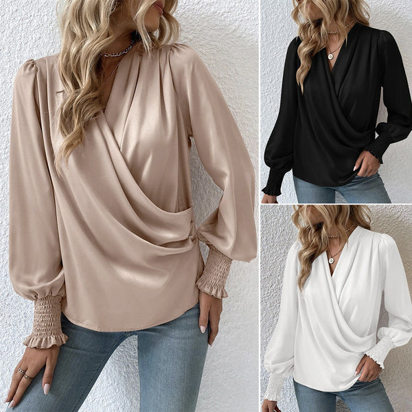 Women's Elegant Women's V-neck Lantern Sleeve Style Solid Color Shirt-Blouses & Shirts-Zishirts