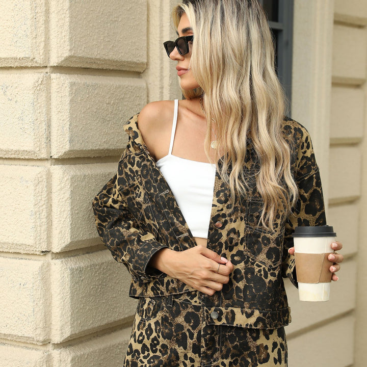 Washed Leopard Print Denim Coat Jacket-Jackets-Zishirts