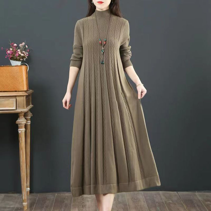 Women's Loose Solid Color Sweater Pleated Dress-Lady Dresses-Zishirts