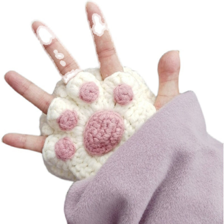 Cat's Paw Gloves Handmade Wool Woven Half Finger Finished Cute Warm Winter Gift For Girlfriend-Women's Outerwear 2023-Zishirts