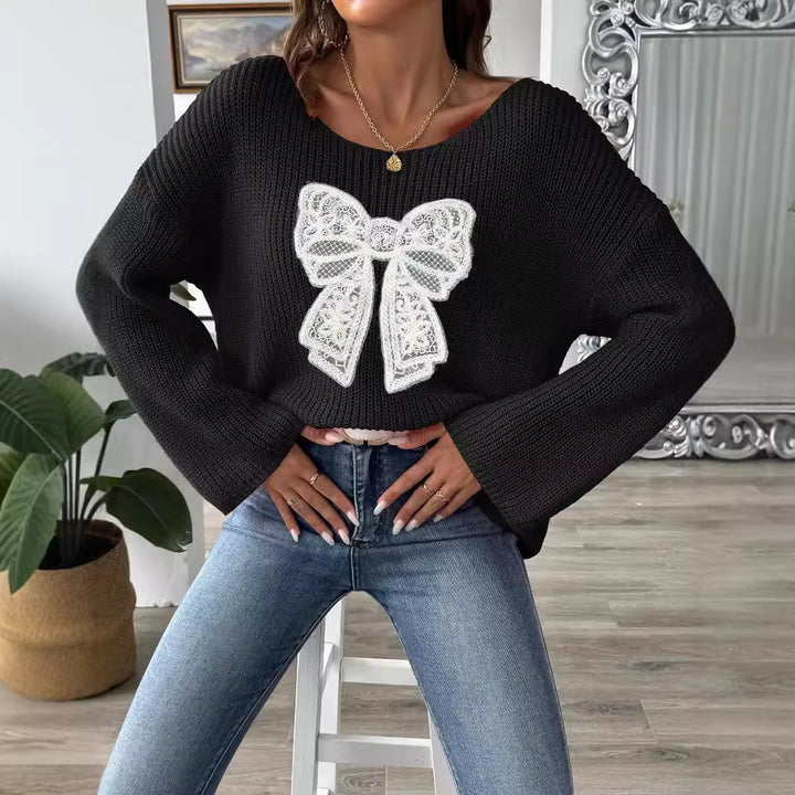 Bow Embroidery Patch Women's Pullover-0-Zishirts