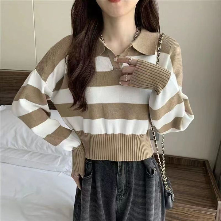 Polo Collar Stripes Knitwear Loose Small Short Sweater Autumn And Winter-Sweaters-Zishirts