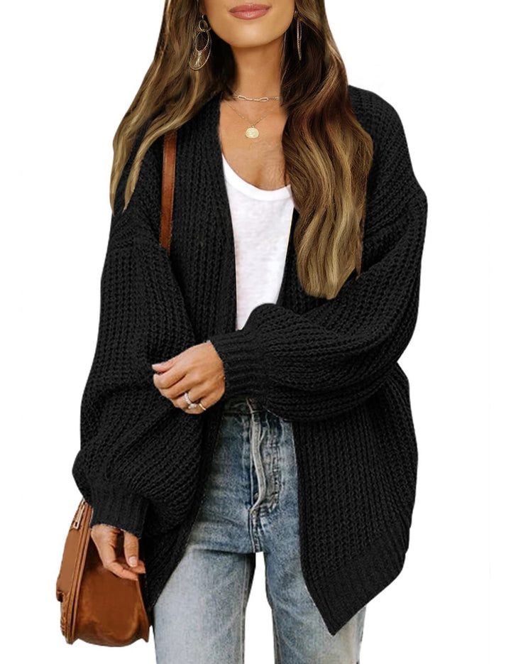 Fashion Lantern-sleeved Sweater With Pockets Casual Loose Solid Knit Cardigan Autumn Tops Womens Clothing-Jackets-Zishirts