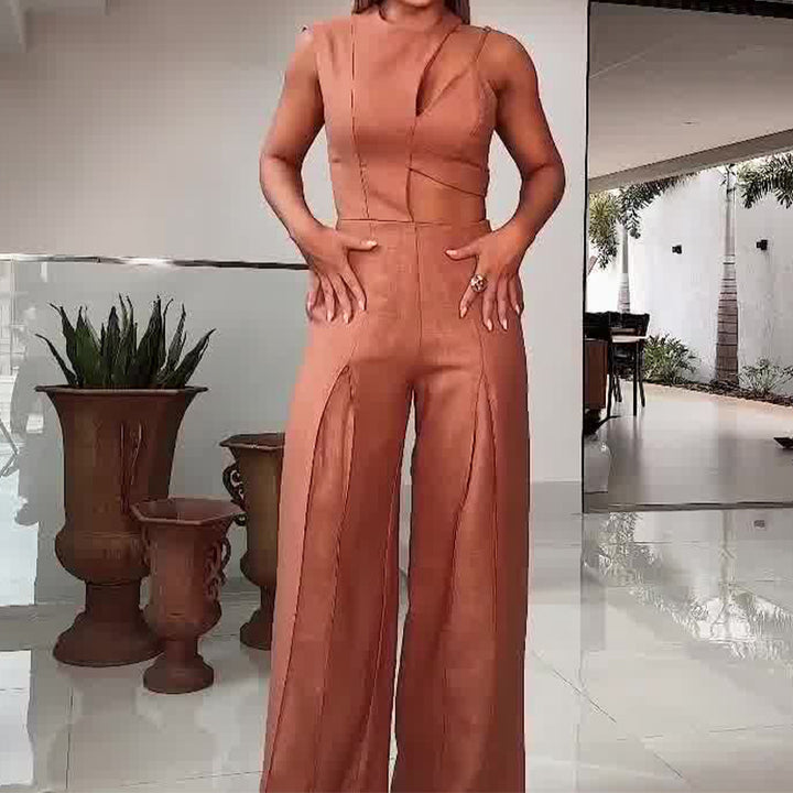 Fashion Round-neck High Waist Solid Color Hollow Out Wide Leg Jumpsuit-0-Zishirts