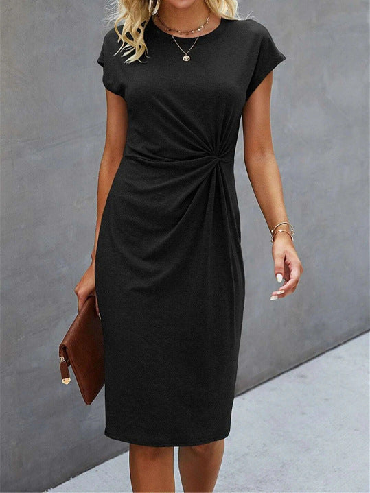 Solid Color Round Neck Loose Short Sleeve Dress-Womens 2024 March-Zishirts