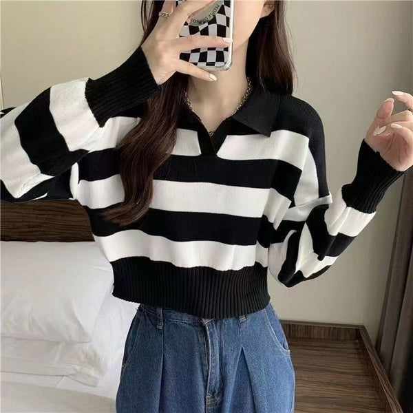 Polo Collar Stripes Knitwear Loose Small Short Sweater Autumn And Winter