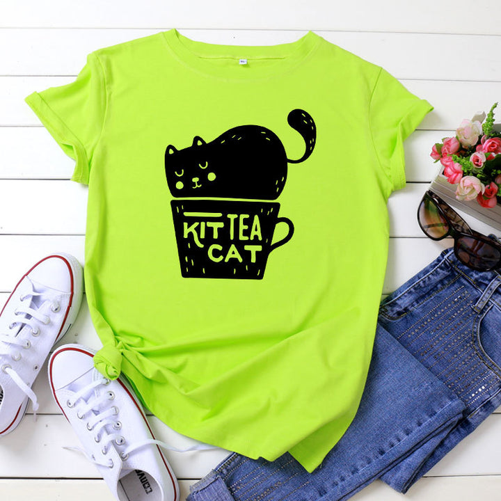 Casual KIT TEA CAT Printed Round Neck Plus Size Short Sleeve-Blouses & Shirts-Zishirts