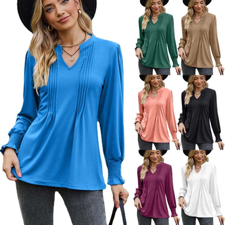 Women's Solid Color Striped Puff Sleeve V-neck Smocking Long Sleeve Top-Blouses & Shirts-Zishirts