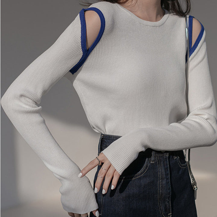 Contrast Color Off-the-shoulder Hollow-out Knitwear Women's Slim-fit Long Sleeve-Sweaters-Zishirts
