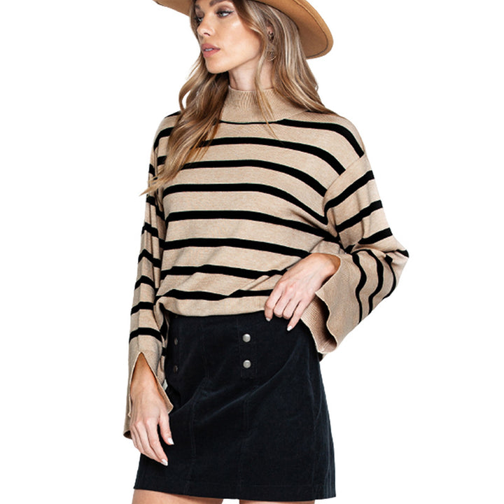 Striped Turtleneck Sweater Women's Cuffs-Women's Outerwear 2023-Zishirts