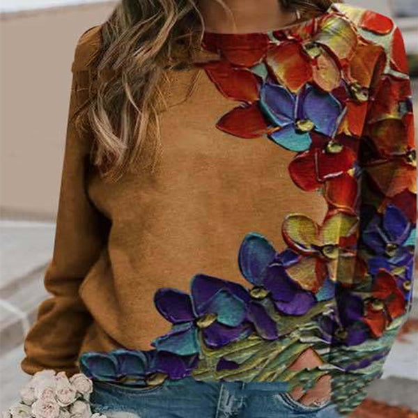 Women's Urban Casual Colorful Printed Long Sleeve Round Neck Pullover T-shirt-Blouses & Shirts-Zishirts