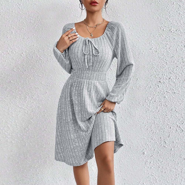 Square-neck Cinched Large Skirt Long Sleeve Dress-Lady Dresses-Zishirts