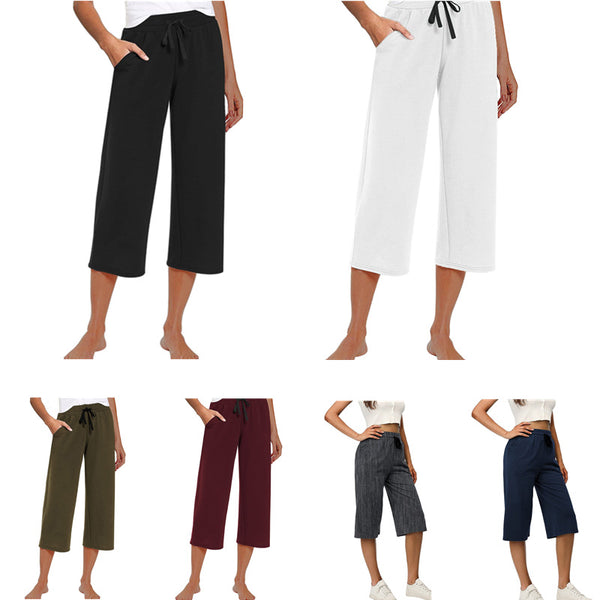 Solid Color Drawstring Elastic Waist Casual Sports Three-quarter Length Wide Leg Women's Pants-Suits & Sets-Zishirts