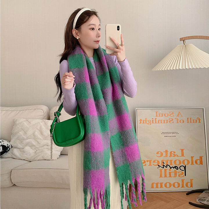 Green Cashmere Like Plaid Soft Waxy Scarf-Scarves & Wraps-Zishirts