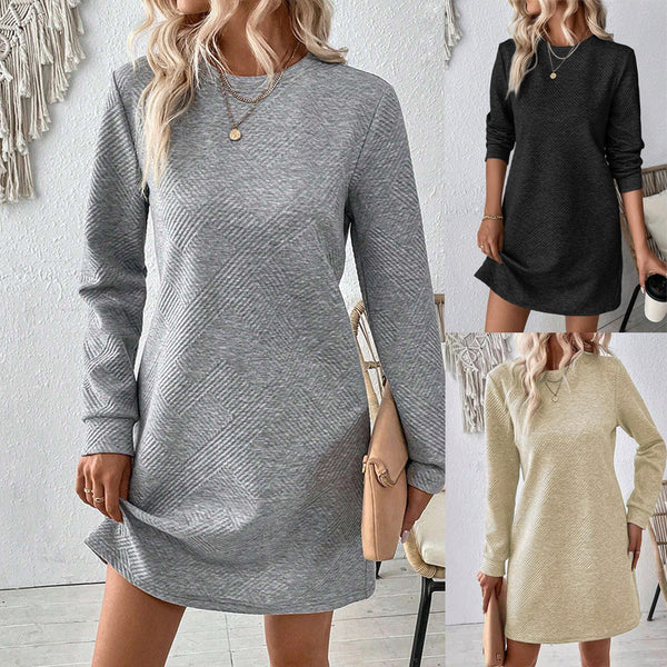 Fall Oblique Checkered Texture Dress Fashion Casual Solid Color Round Neck Long-sleeved Women's Clothing-Lady Dresses-Zishirts