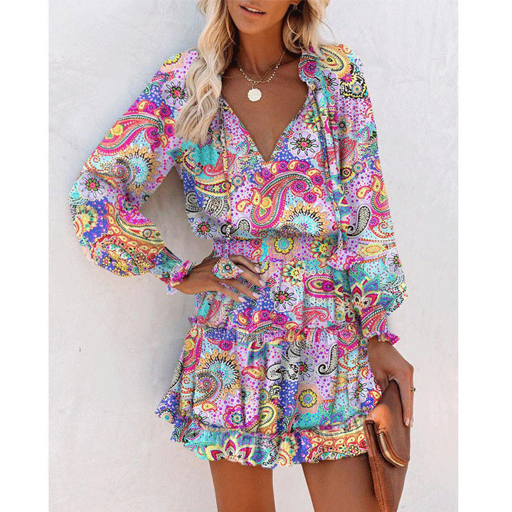 Printed Patchwork Puff Sleeve Waist Dress-Lady Dresses-Zishirts