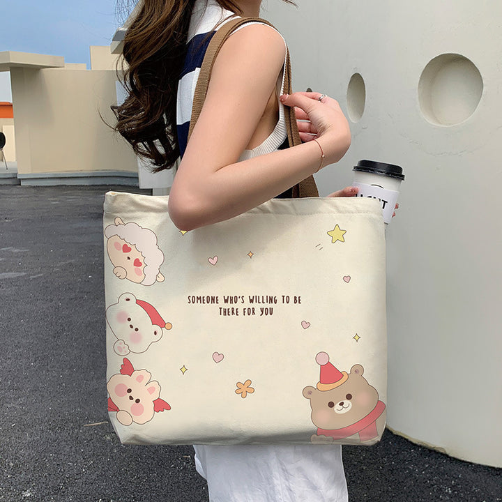 Cute Bear Printed Canvas Bag Women All-match Shoulder Bags Student Large Capacity Daily Handbags-Women's Bags-Zishirts