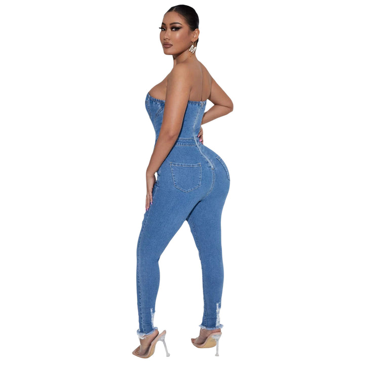 Women's Tube Top Slim Fit Denim Jumpsuit-Women's Outerwear 2023-Zishirts