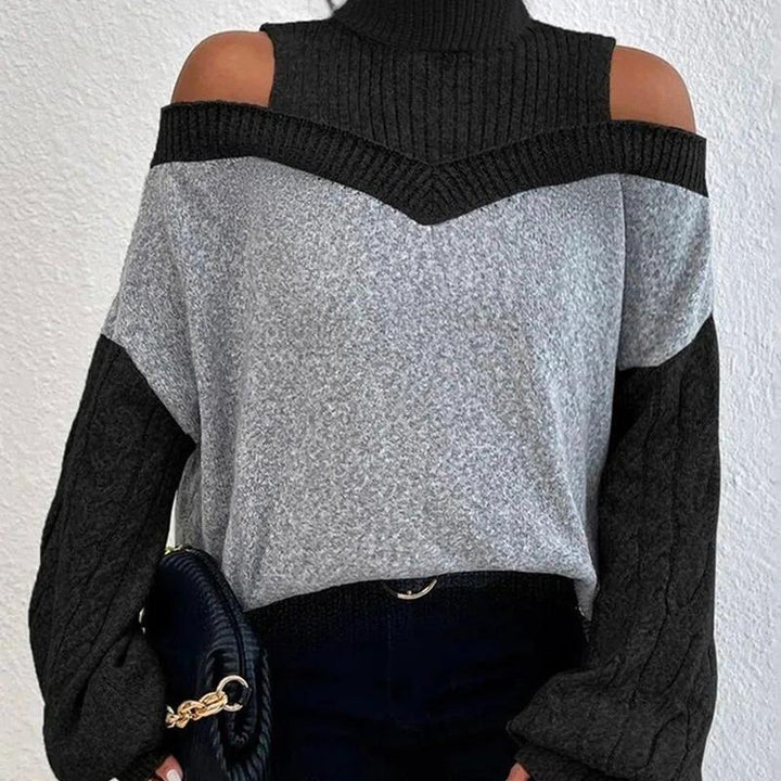 Contrasting Color Patchwork Off Shoulder Top-Sweaters-Zishirts