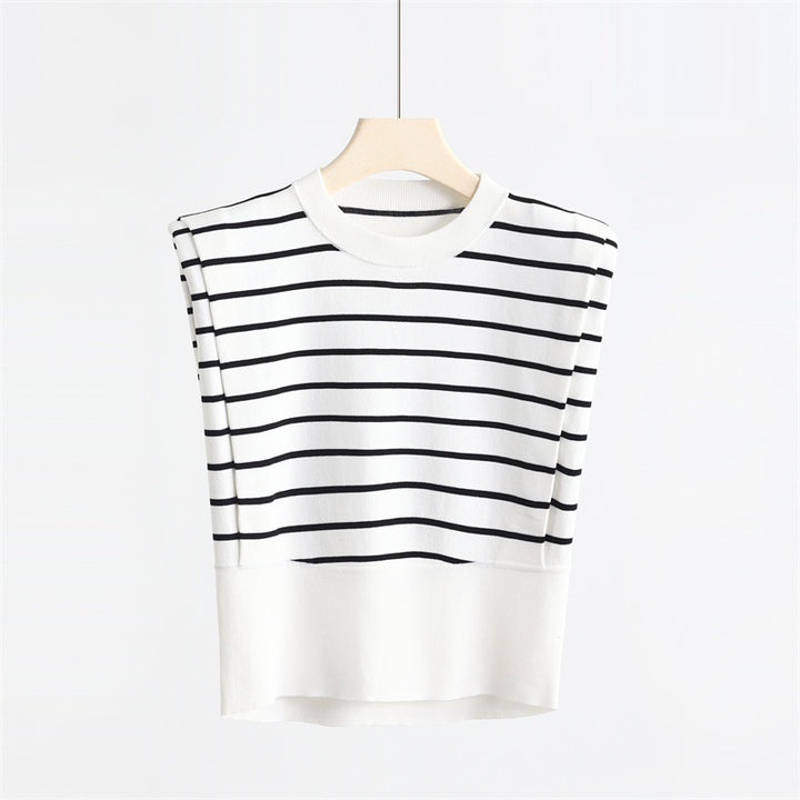 Right-angle Shoulder Sleeveless Striped Ice Silk Round Neck Vest Top Sweater-Sweaters-Zishirts