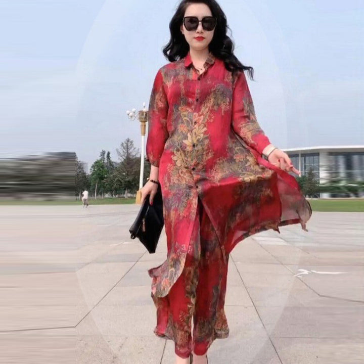 Cross-border New Arrival Artificial Silk Blended Dress Two-piece Loose Suit Printed Skirt-Womens 2024 March-Zishirts