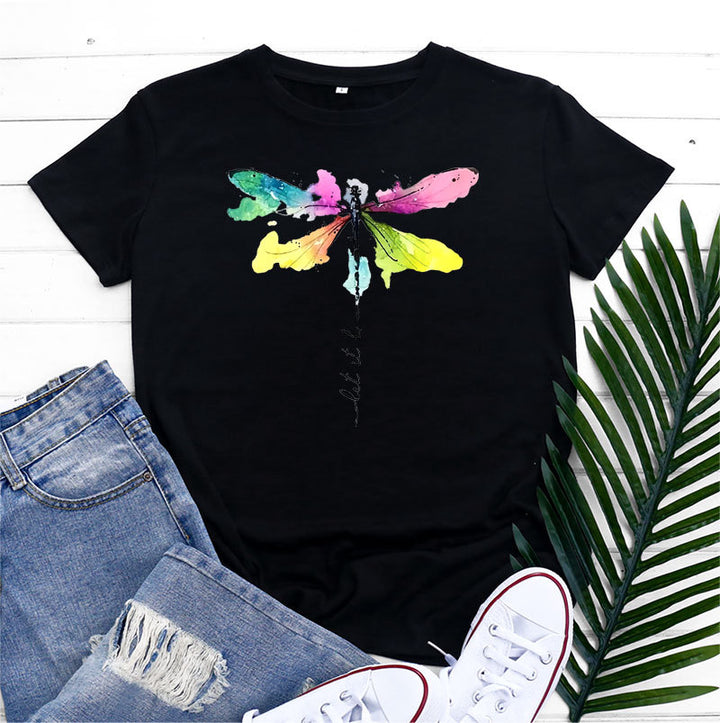 Women's Fashion Casual Dragonfly Printed Round Neck Short Sleeve T-shirt Top-Blouses & Shirts-Zishirts