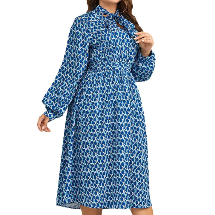 European And American High Waist Print Long Puff Sleeve Dress-Lady Dresses-Zishirts