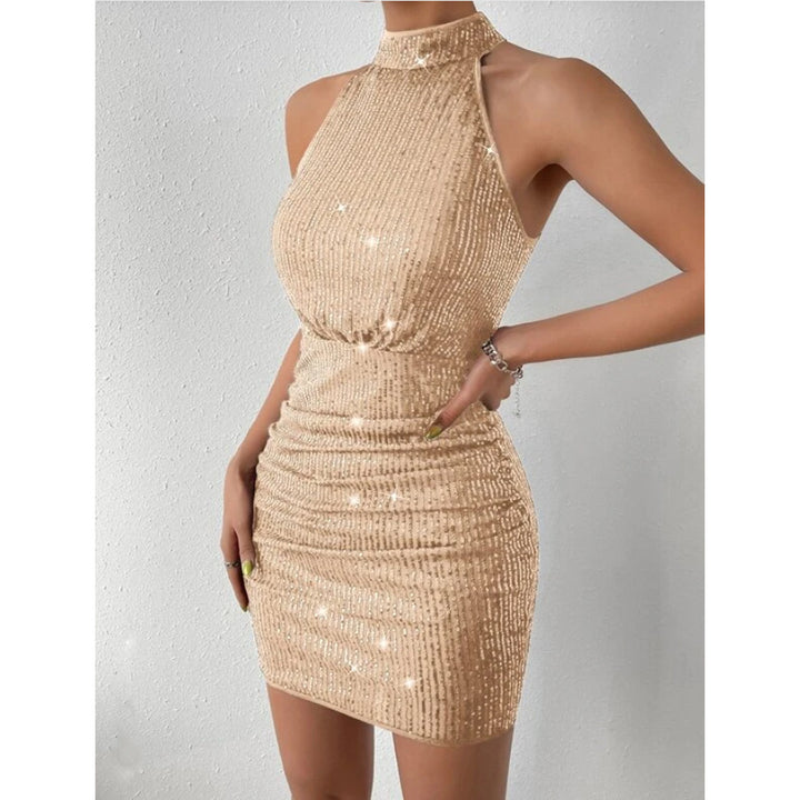 European And American Style Women Halter Pleated Sequins Tight Dress-Lady Dresses-Zishirts