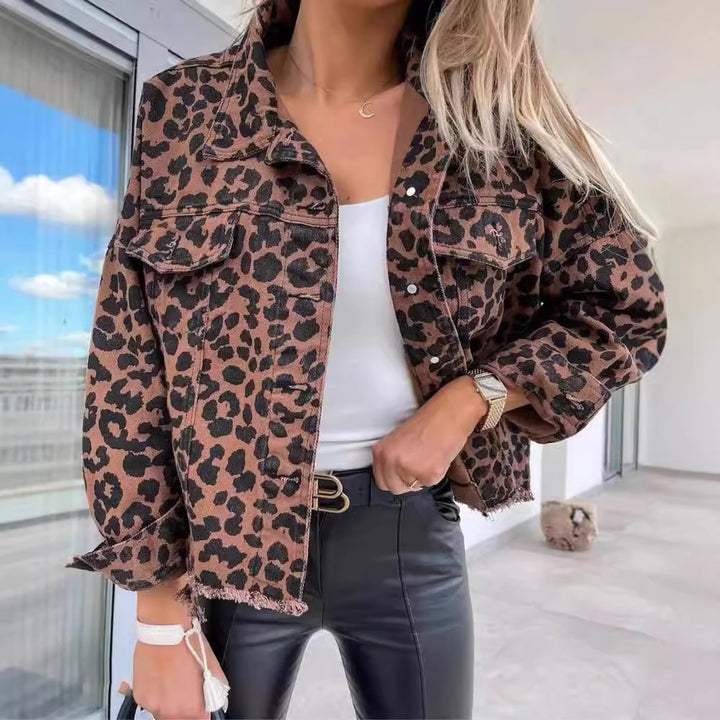 Women's Leopard Print Jacket With Pocket Y2K Fashion Lapel Single-breasted Denim Overcoat Women's Clothing-Jackets-Zishirts