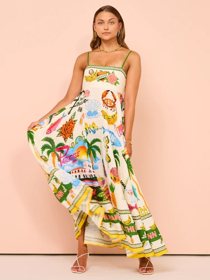 Sexy Sling Graffiti Polyester Printing Large Swing Dress-0-Zishirts