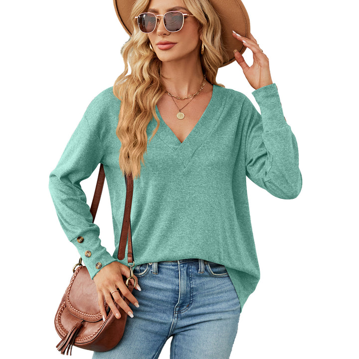 Solid Color And V-neck Loose Long Sleeve Button T-shirt Top-Blouses & Shirts-Zishirts