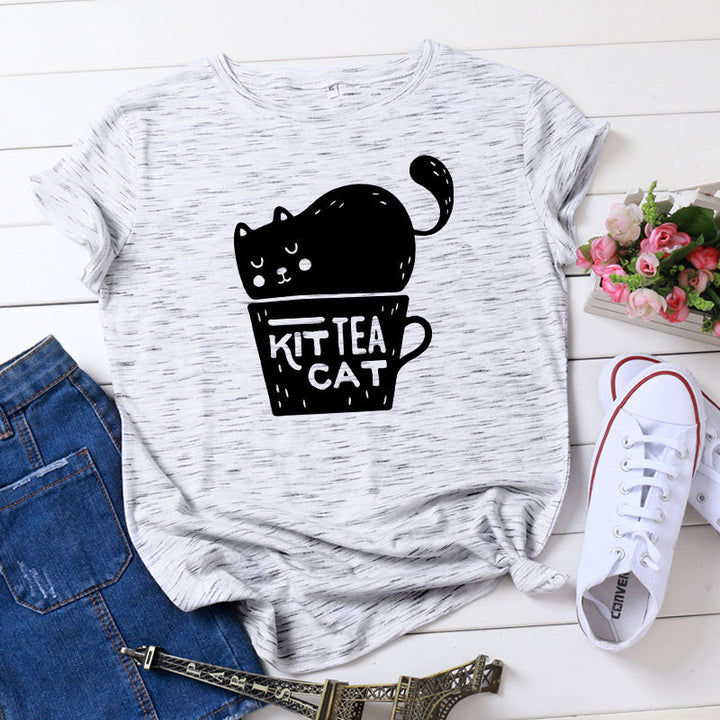 Casual KIT TEA CAT Printed Round Neck Plus Size Short Sleeve-Blouses & Shirts-Zishirts