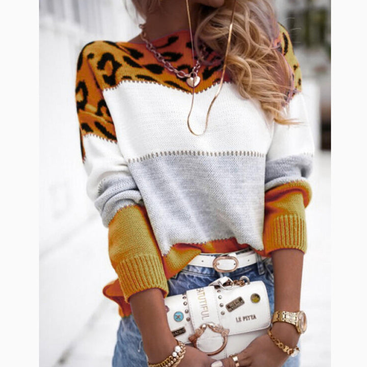 Women's Leopard Print Color-block Crew Neck Casual Sweater Long Sleeve Bottoming Shirt-Sweaters-Zishirts