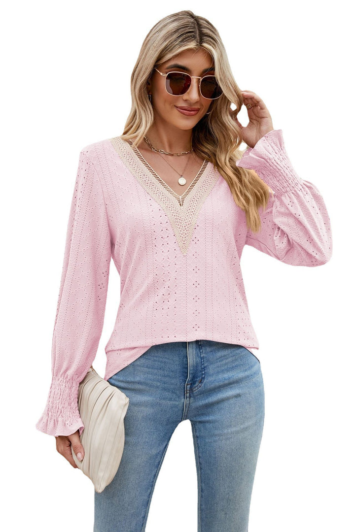 Solid Color Lace V-neck Patchwork Long Sleeve Loose-fitting T-shirt Top-Blouses & Shirts-Zishirts