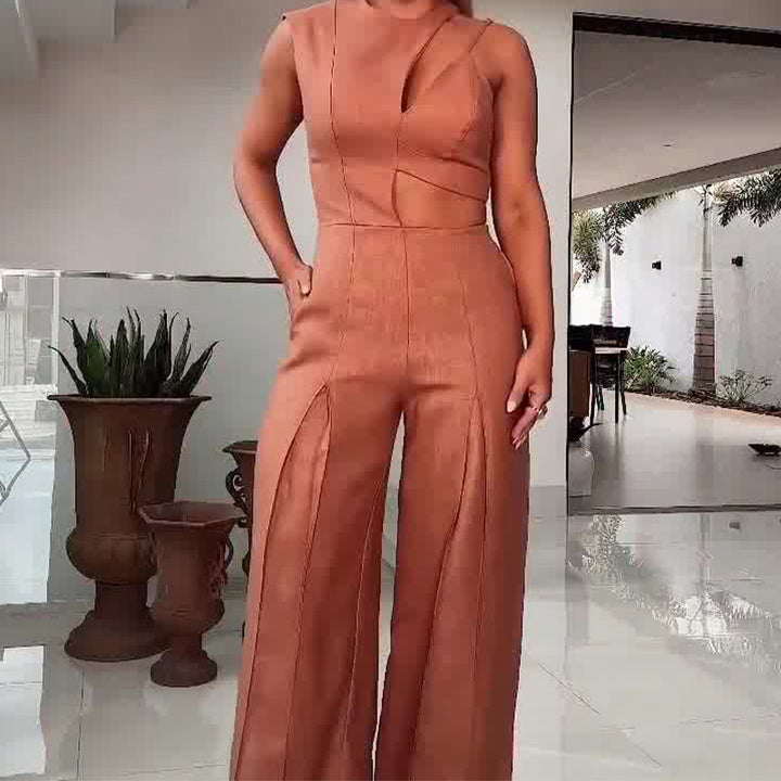 Fashion Round-neck High Waist Solid Color Hollow Out Wide Leg Jumpsuit-0-Zishirts