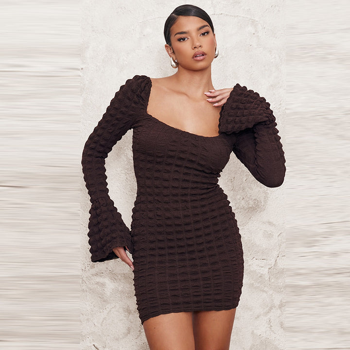 Seersucker Hollow Chest Wrap Flared Long Sleeve Dress-Lady Dresses-Zishirts