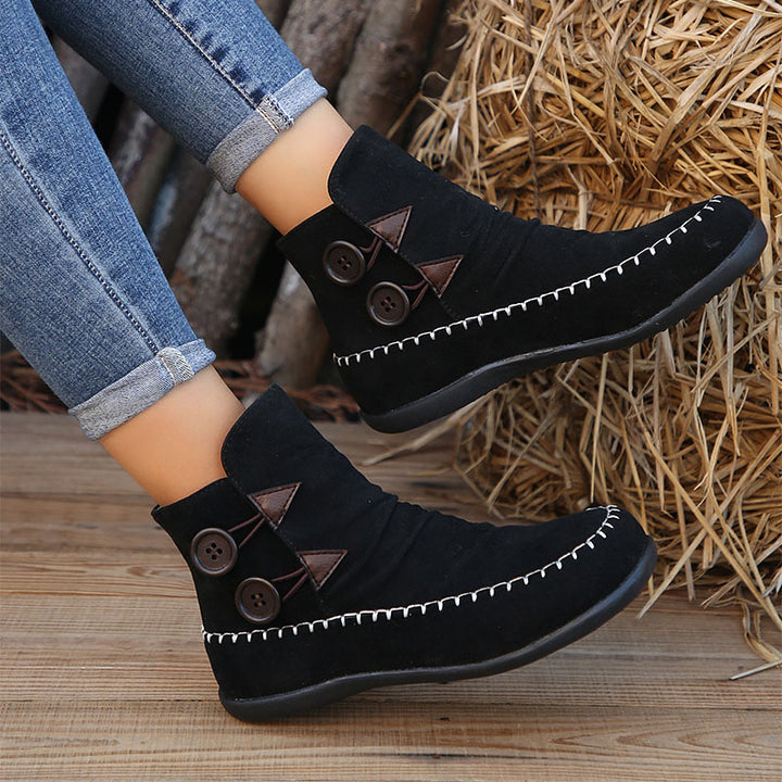 Button Design Ankle Boots For Women Autumn And Winter New Style Flat Boots With Stitching Fashion Solid Round Toe Short Shoes-Womens Footwear-Zishirts