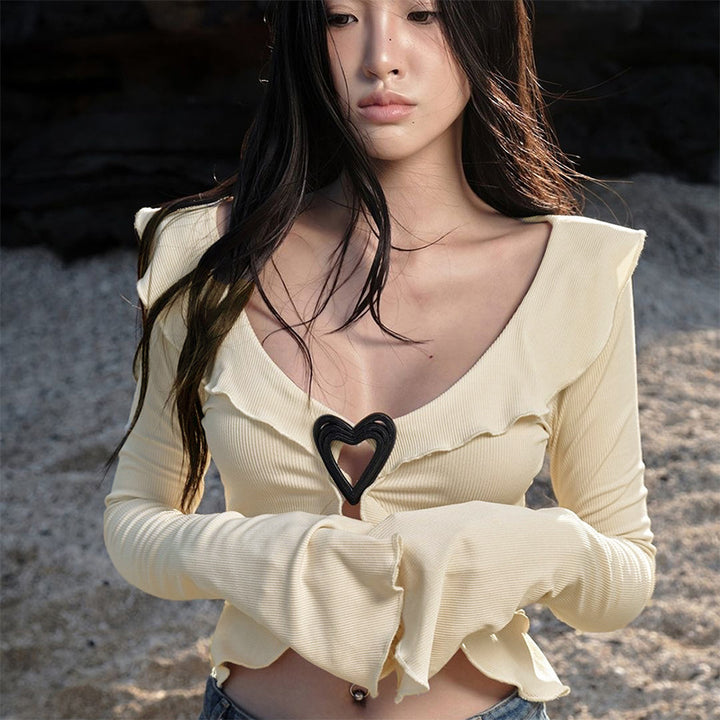 Pure Desire Style V-neck Hollow Wooden Ear Heart Buckle Top-Blouses & Shirts-Zishirts