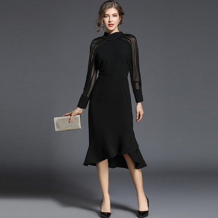 Stylish Temperament Long Sleeves Fishtail Slim Black Dress-Women's Outerwear 2023-Zishirts