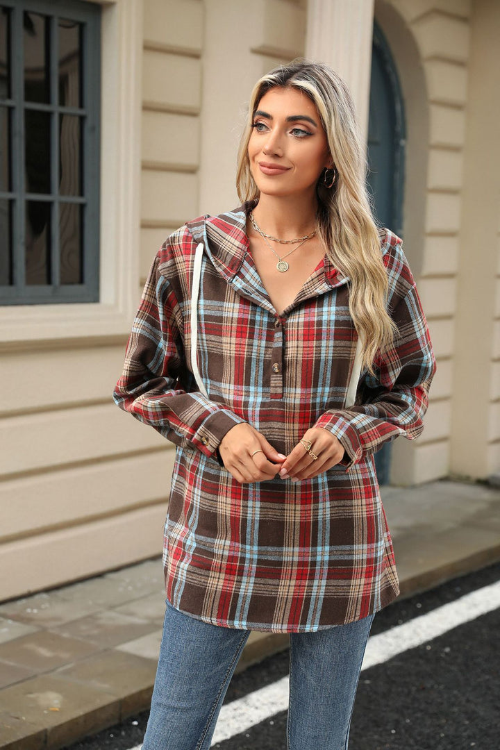 Fashion Plaid Print Hooded Sweatshirt With Button Loose Long Sleeve Hoodies Leisure Sports Top For Womens Clothing-Jackets-Zishirts